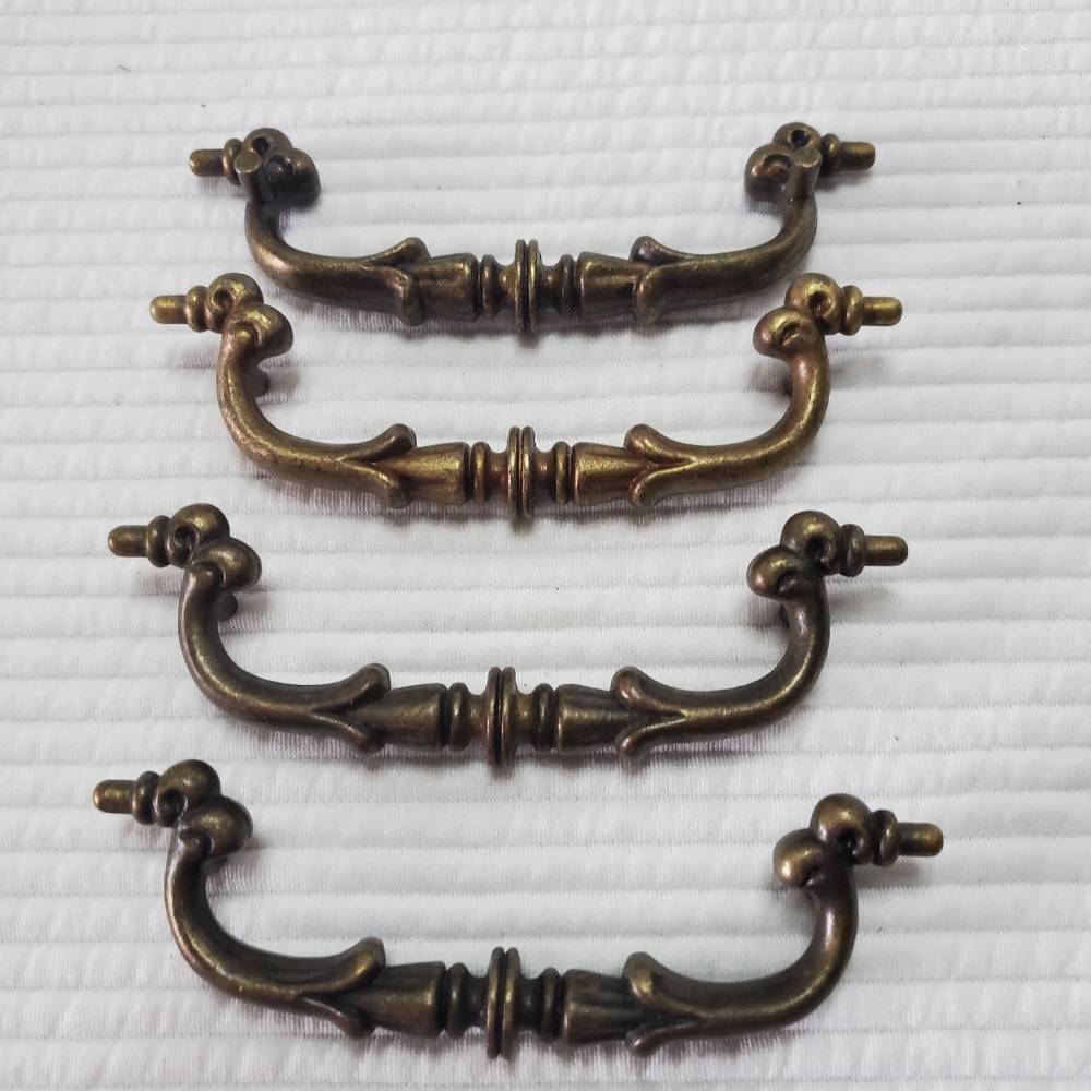 4 Brass Drop Bail Drawer Pulls Vintage Ornate Hollywood Regency Victorian MCM